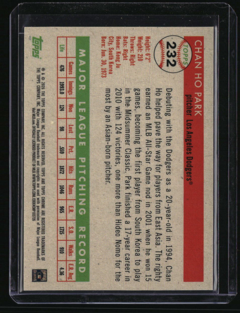 2025 Topps Chrome Platinum Chan Ho Park Gold Refractors #/50
