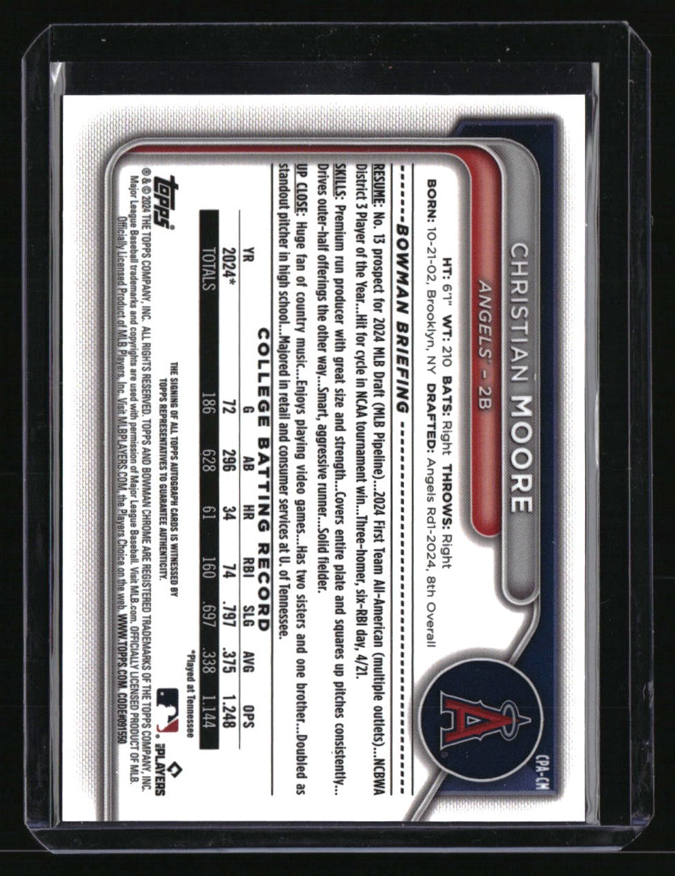 2024 Bowman Draft Christian Moore Chrome Prospect Autographs