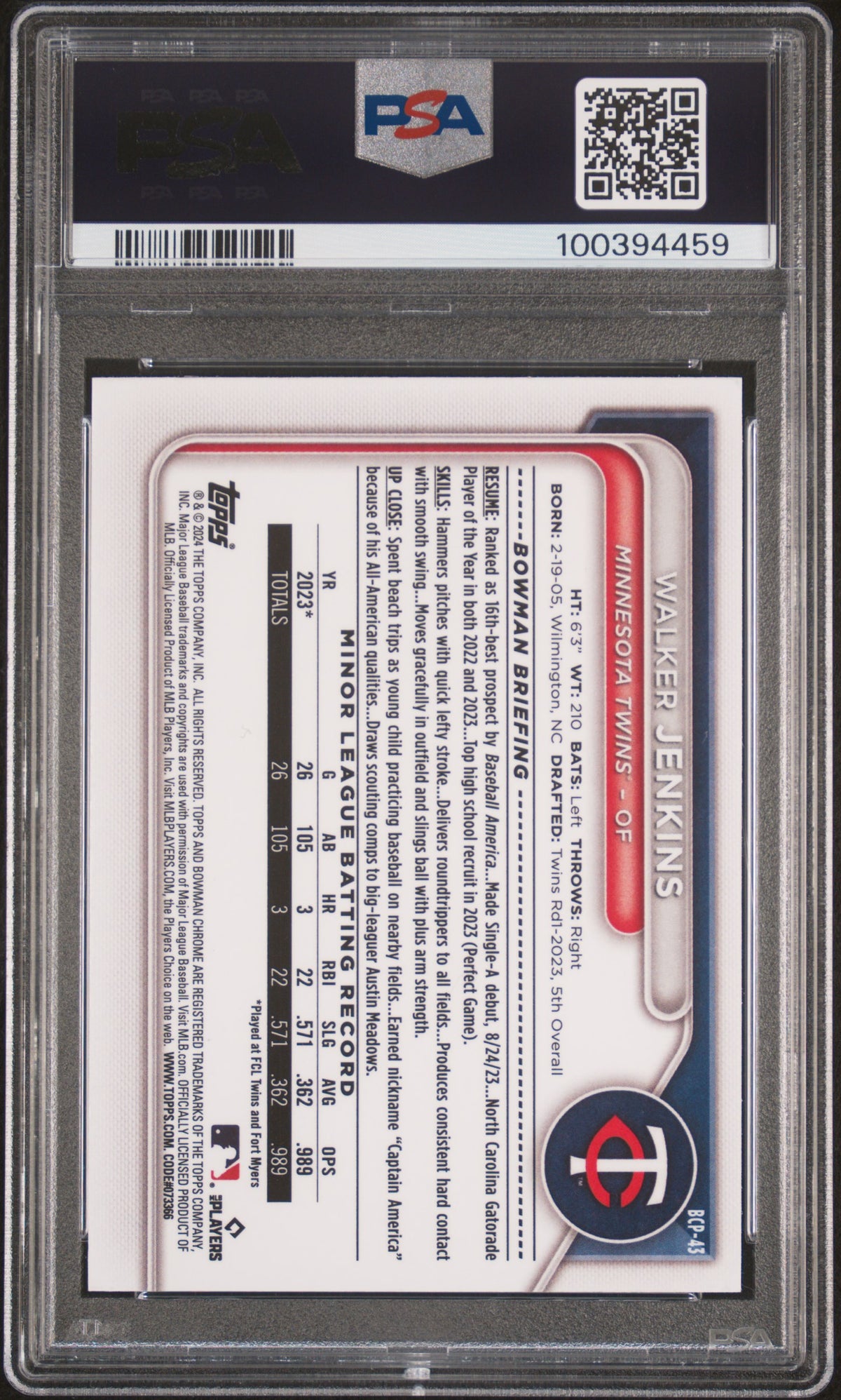 2024 Bowman Mega Box Chrome Prospects Walker Jenkins PSA 9