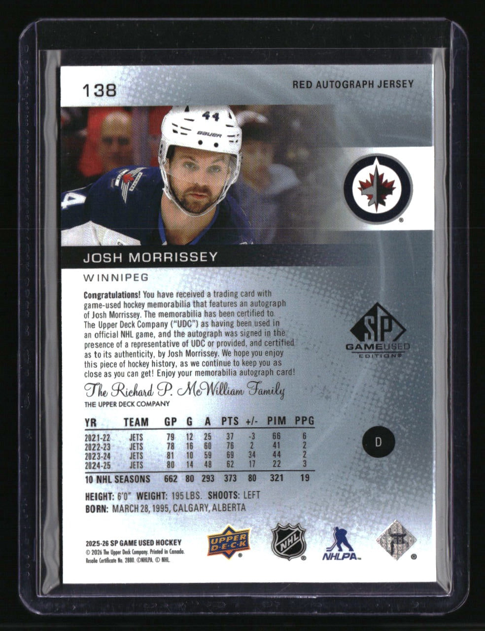 2025-26 SP Game Used Josh Morrissey Red Auto Jersey #/99