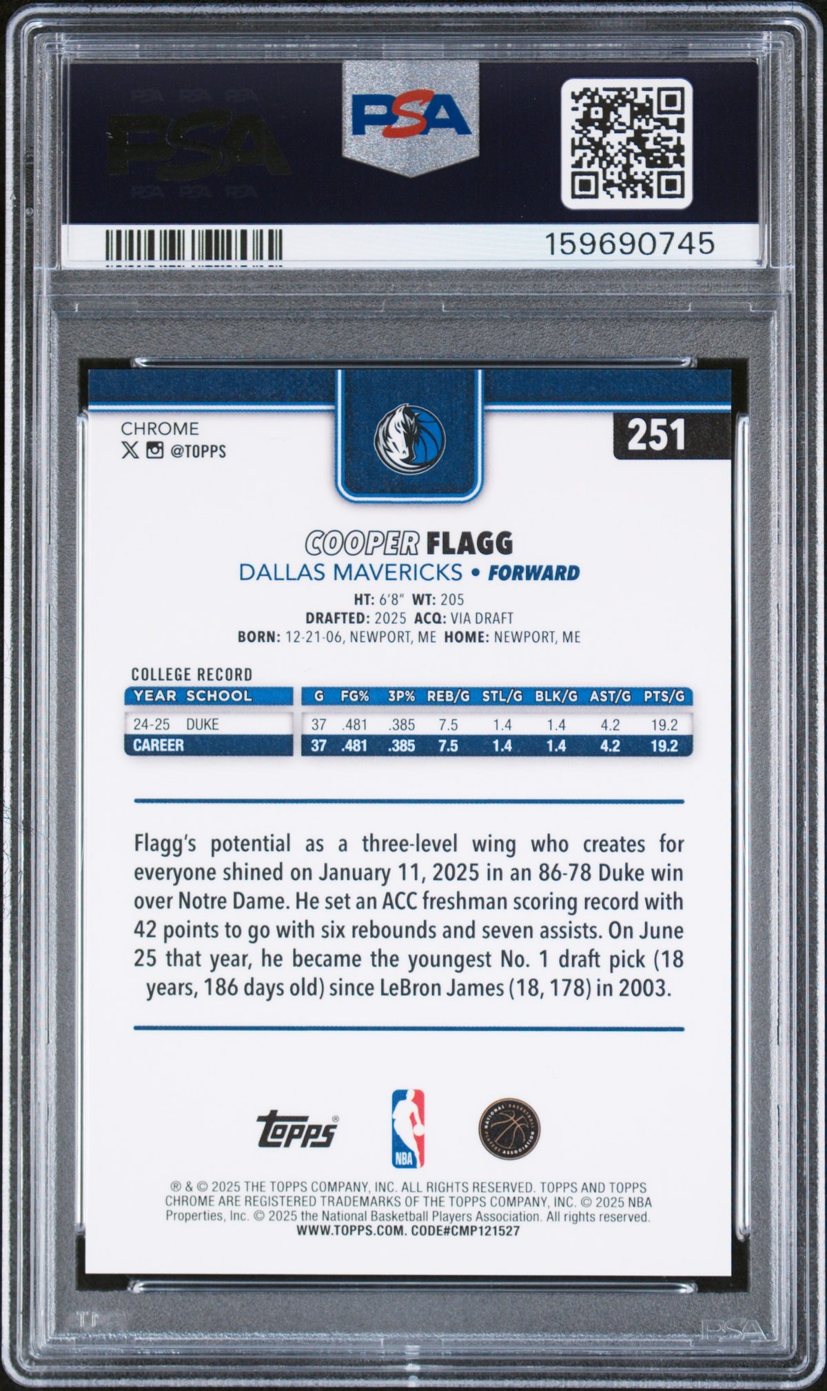 2025 Topps Chrome Cooper Flagg Blue X-Fractor PSA 10