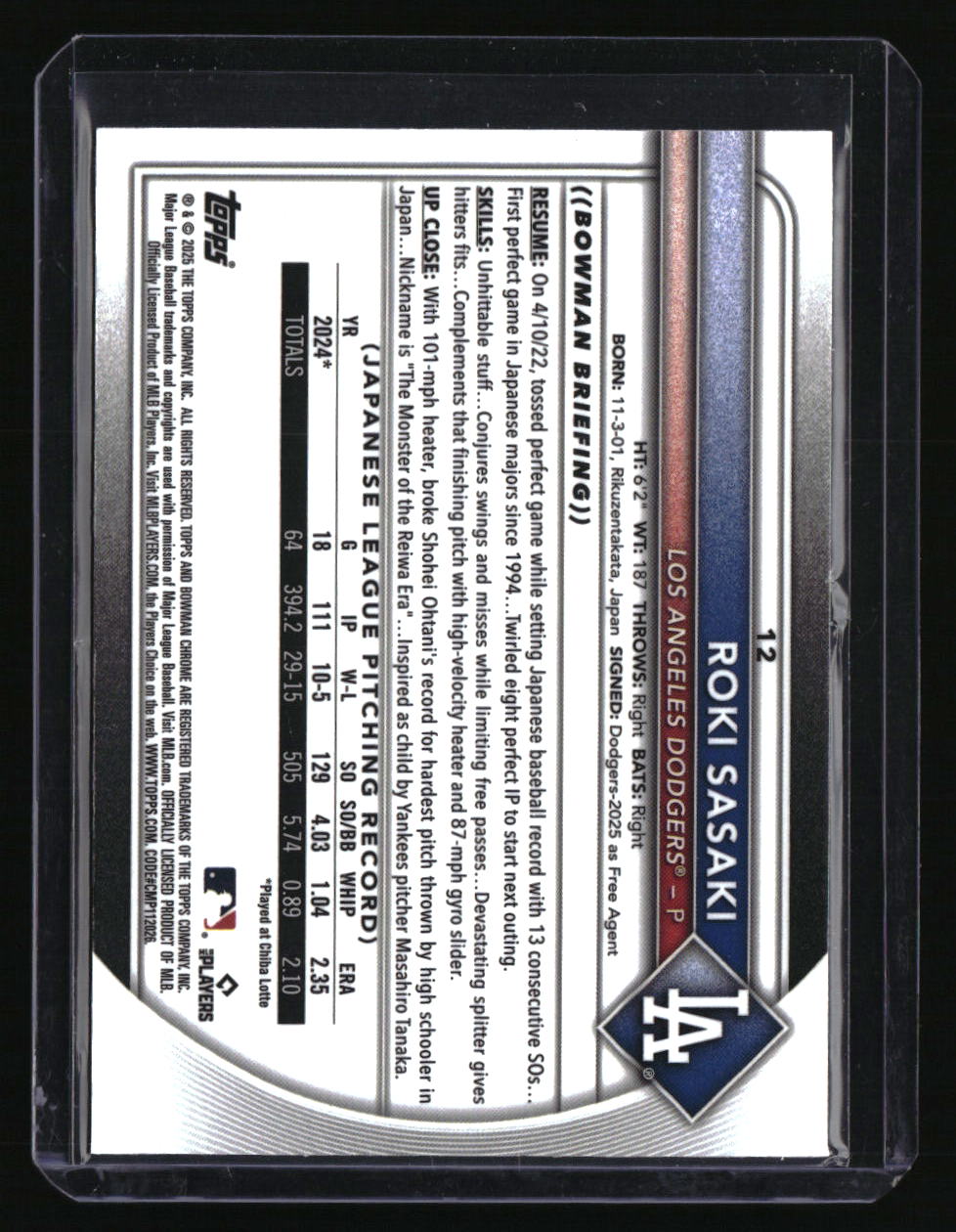 2025 Bowman Chrome Sapphire Edition Roki Sasaki Yellow Sapphire #/75