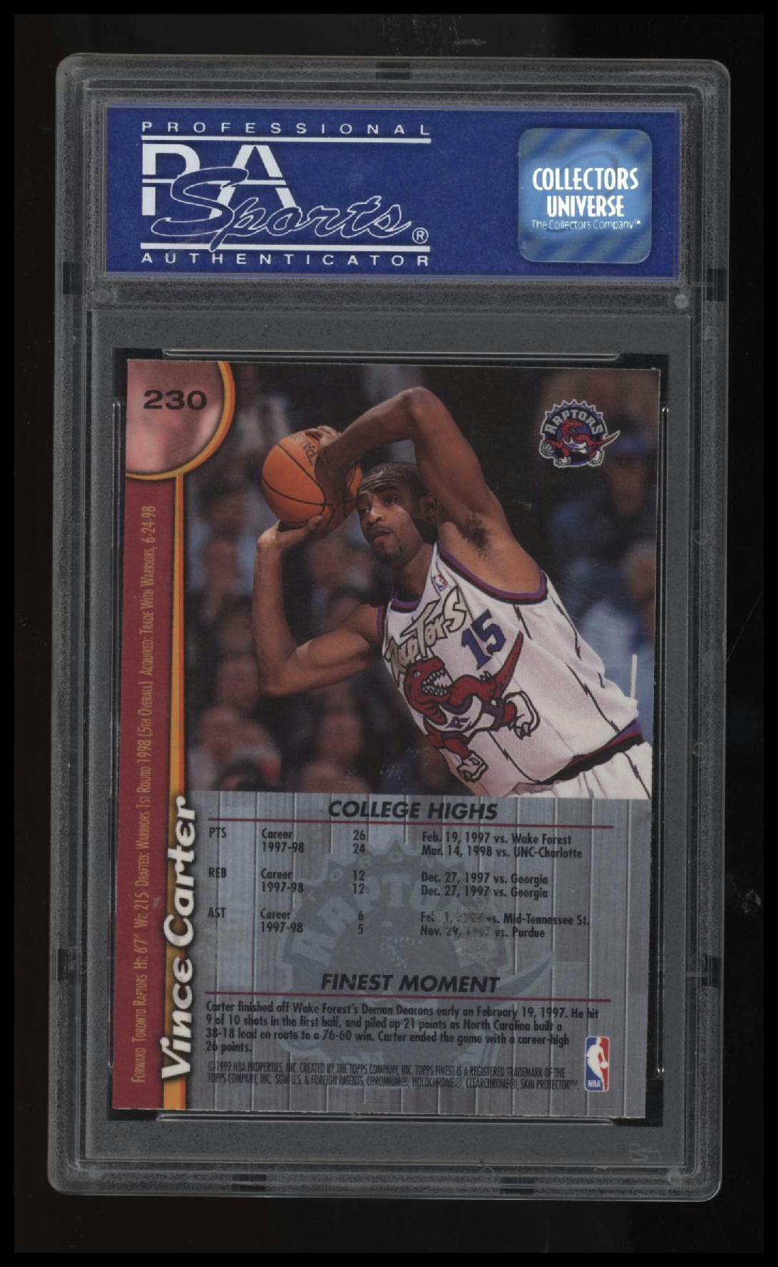 1998 Finest Vince Carter W/Coating PSA 9