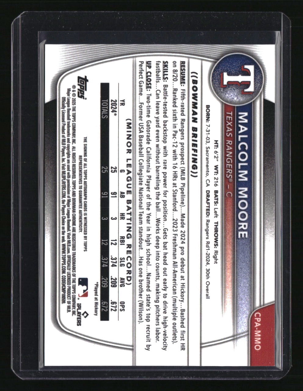 2025 Bowman Malcolm Moore Chrome Prospects Autographs Speckle Refractor #/299