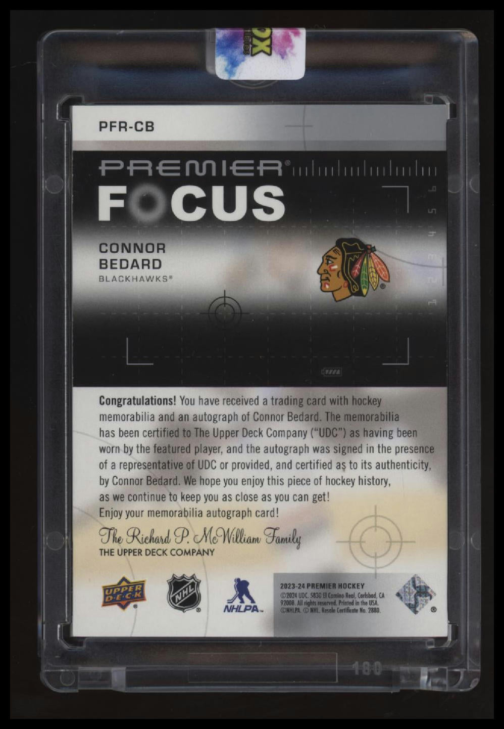 2023-24 Upper Deck Premier Connor Bedard Premier Focus Auto Patch Rookies #/50