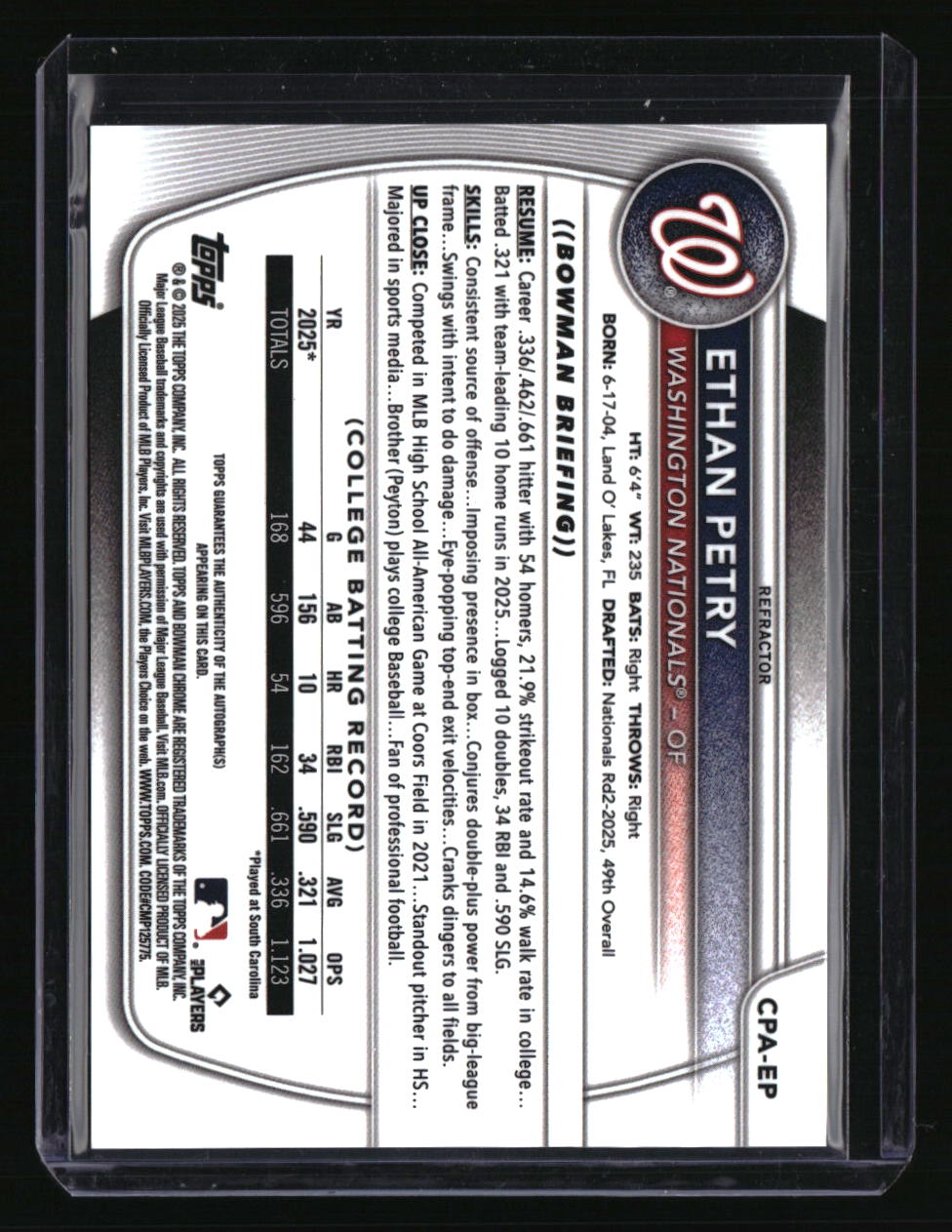 2025 Bowman Draft Ethan Petry Chrome Prospect Autographs Refractor #/499