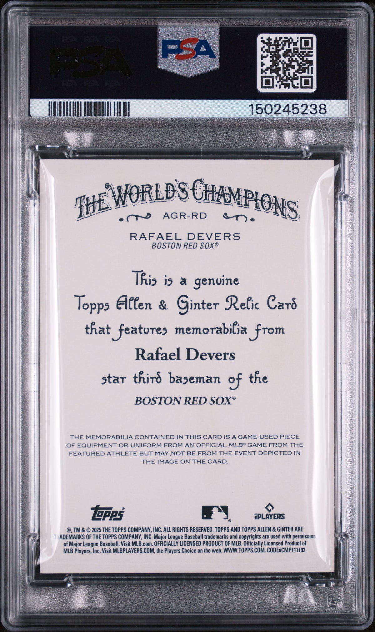 2025 Topps Allen & Ginter Relics Rafael Devers Allen & Ginter Relic PSA 9