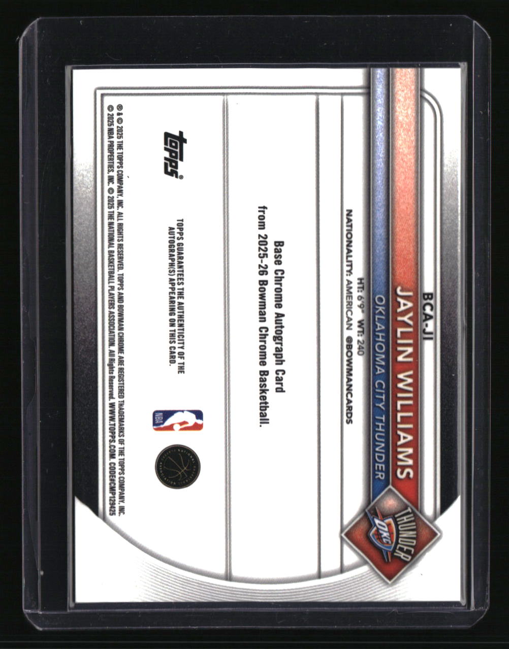 2025-26 Bowman Jaylin Williams Chrome Autographs Blue Refractor #/150