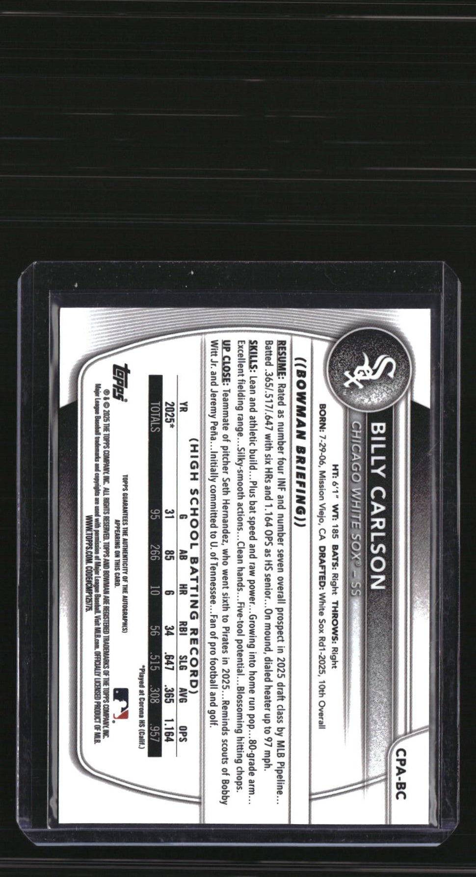 2025 Bowman Draft Billy Carlson Chrome Prospect Autographs