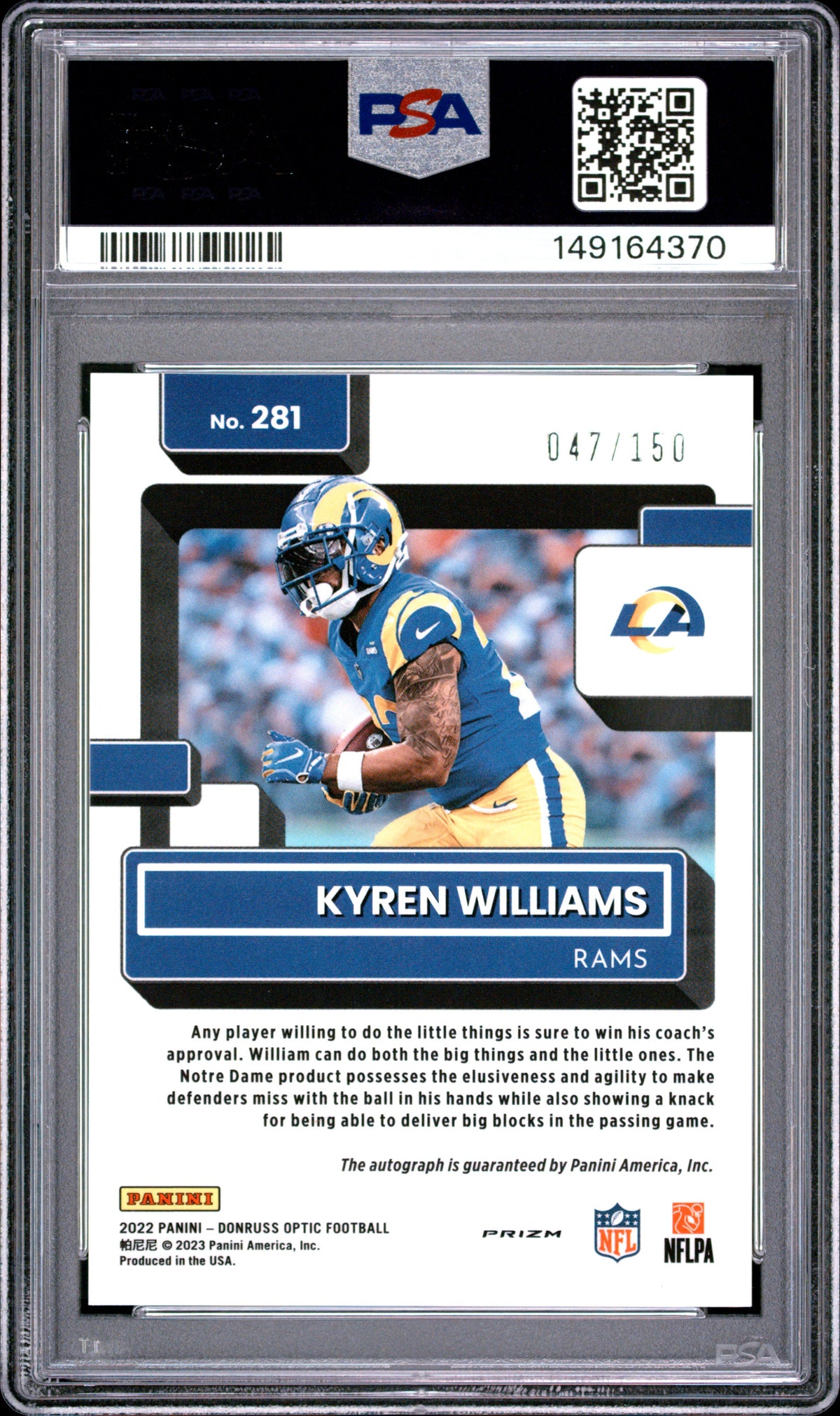 2022 Panini Donruss Optic Kyren Williams Autograph PSA 9