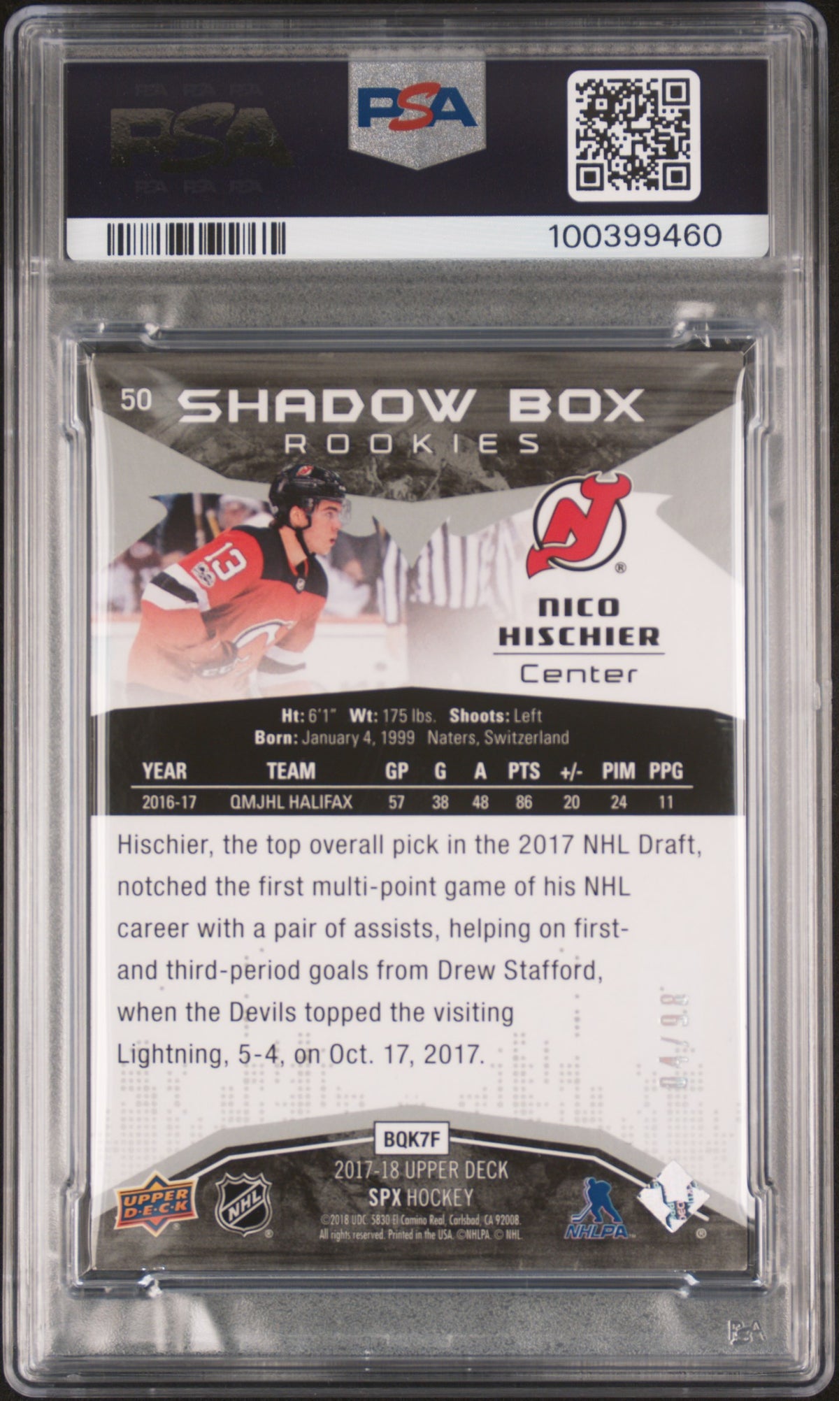 2017 Spx Shadow Box Rookies Nico Hischier Shadow Box Rookies-Var. PSA 7