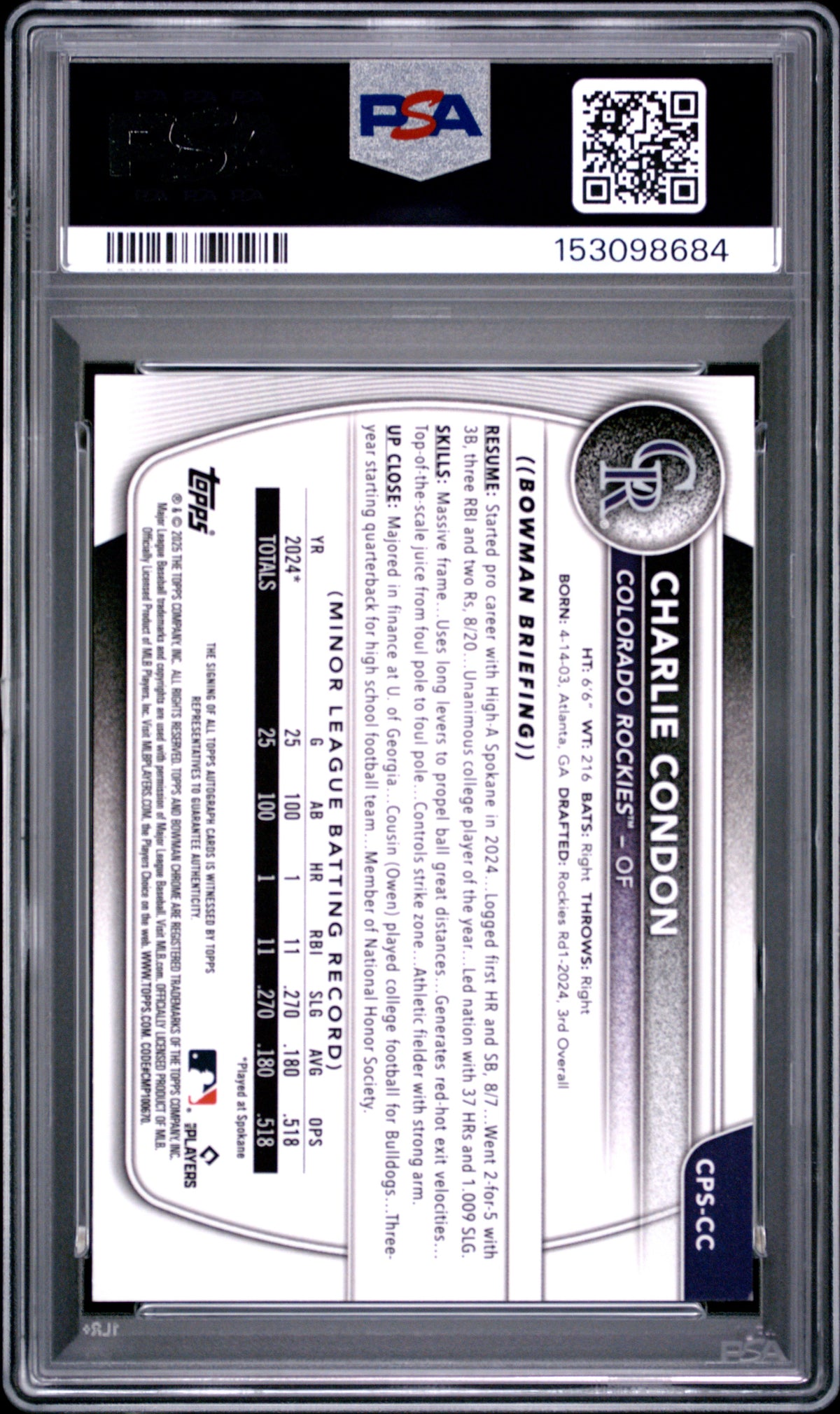 2025 Bowman Sapphire Chrome Prospects Auto Charlie Condon #/199 PSA 9