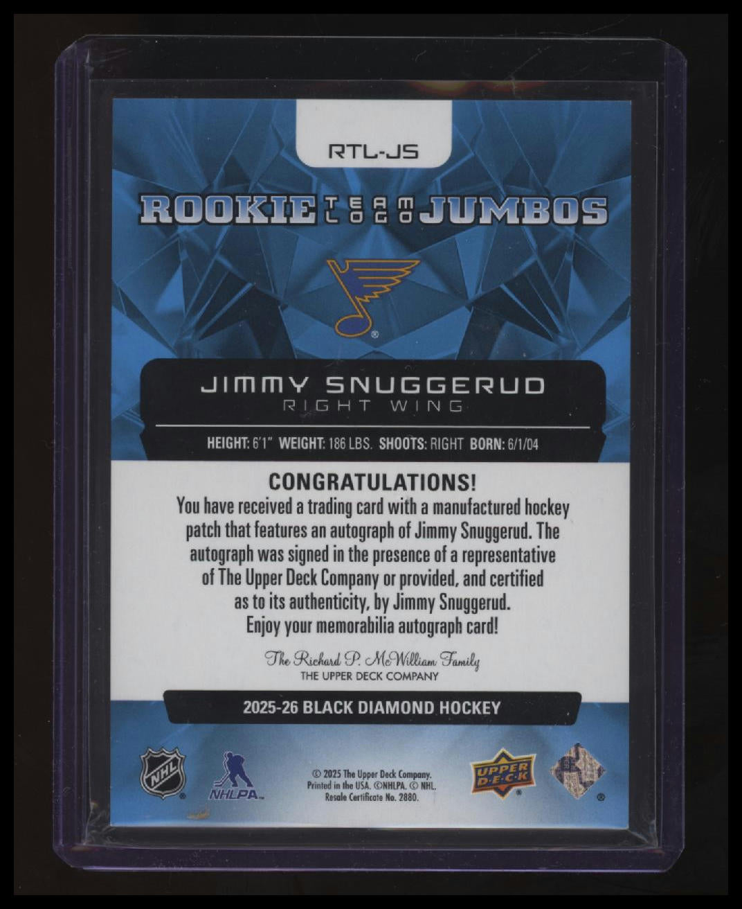 2025-26 Black Diamond Jimmy Snuggerud Team Logo Jumbo Auto Rookie #/49