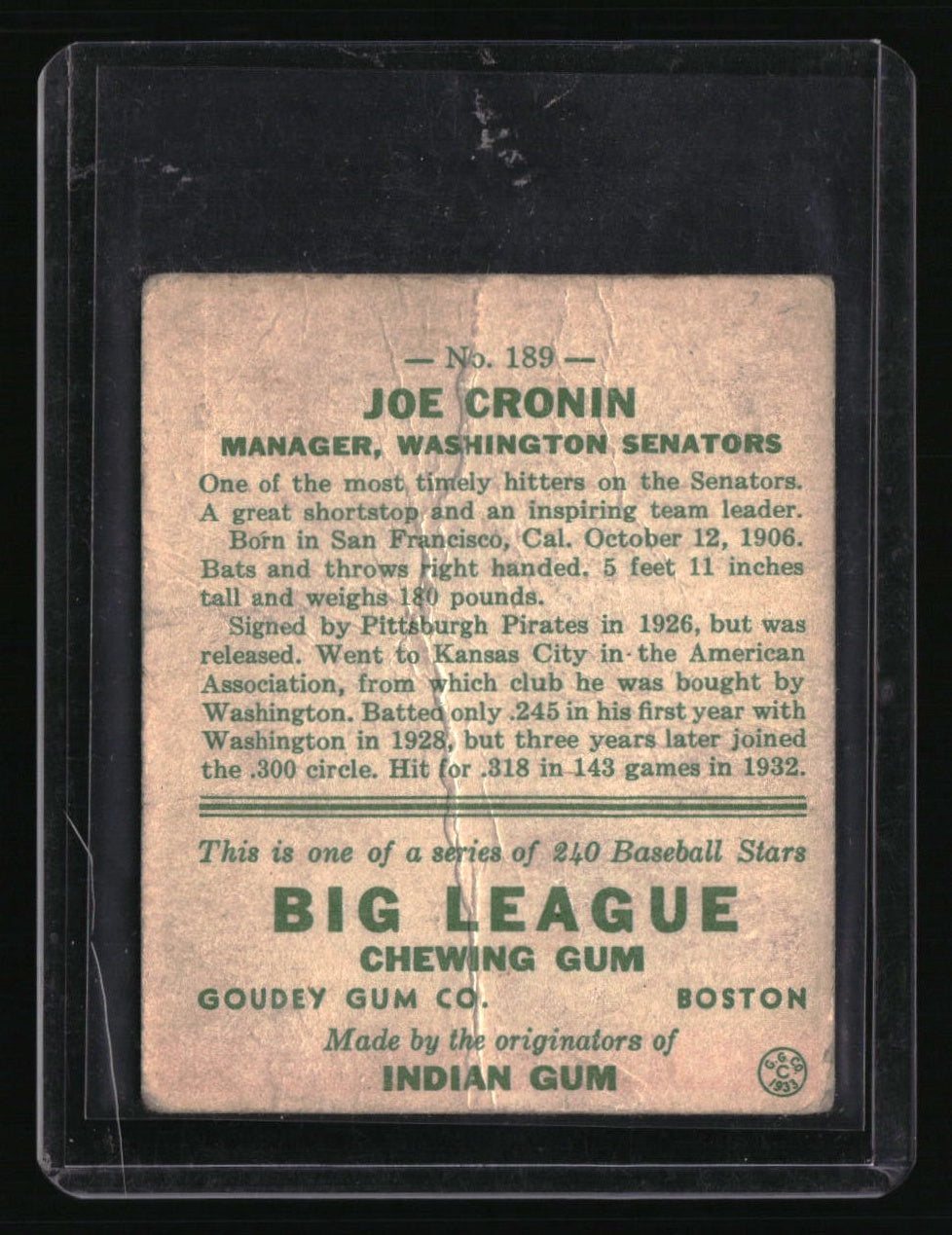 1933 Goudey (R319) Joe Cronin