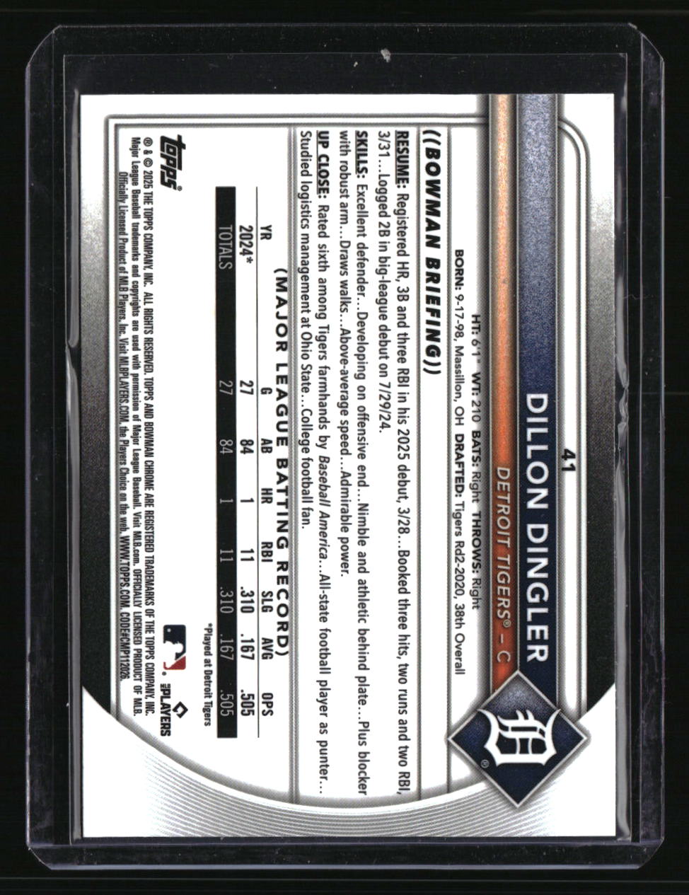 2025 Bowman Chrome Dillon Dingler Blue Wave #/150