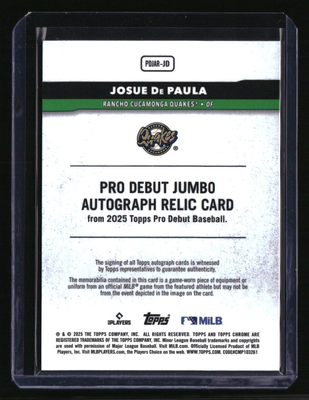 2025 Topps Pro Debut Josue De Paula Pro Debut Jumbo Relic Autographs #/400