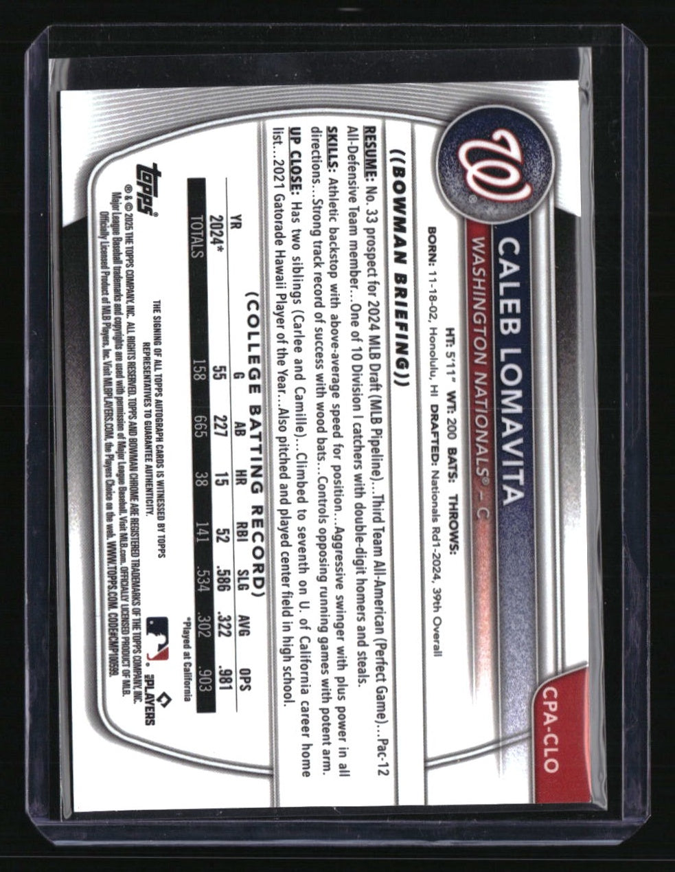 2025 Bowman Caleb Lomavita Chrome Prospects Autographs Gold Lava Refractor #/50