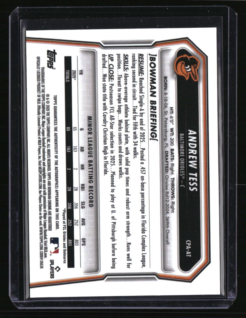 2026 Bowman Andrew Tess Chrome Prospect Autographs Mini Diamond Refractors #/100