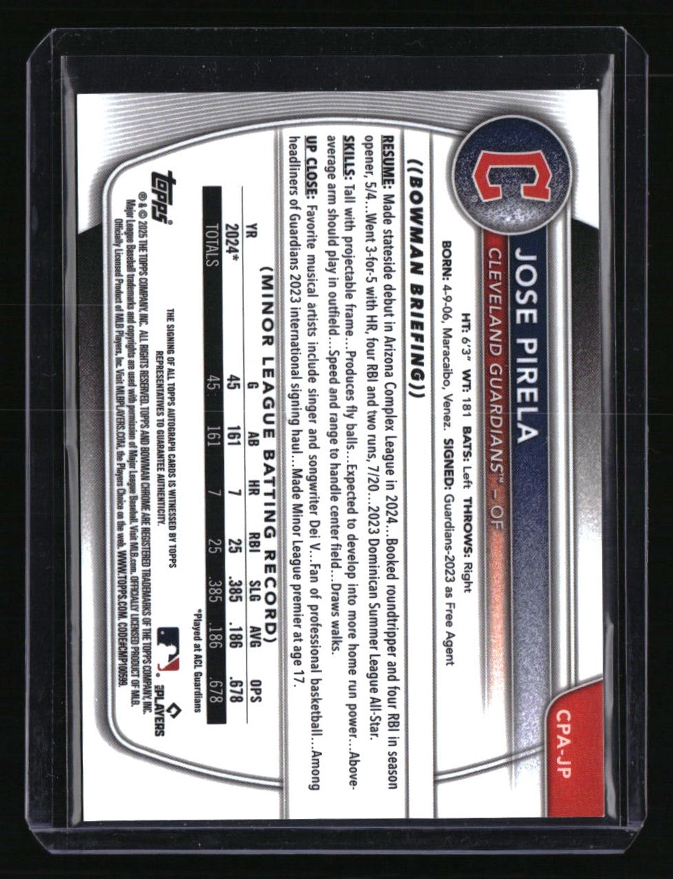 2025 Bowman Jose Pirela Chrome Prospects Autographs Green Grass Refractor #/99