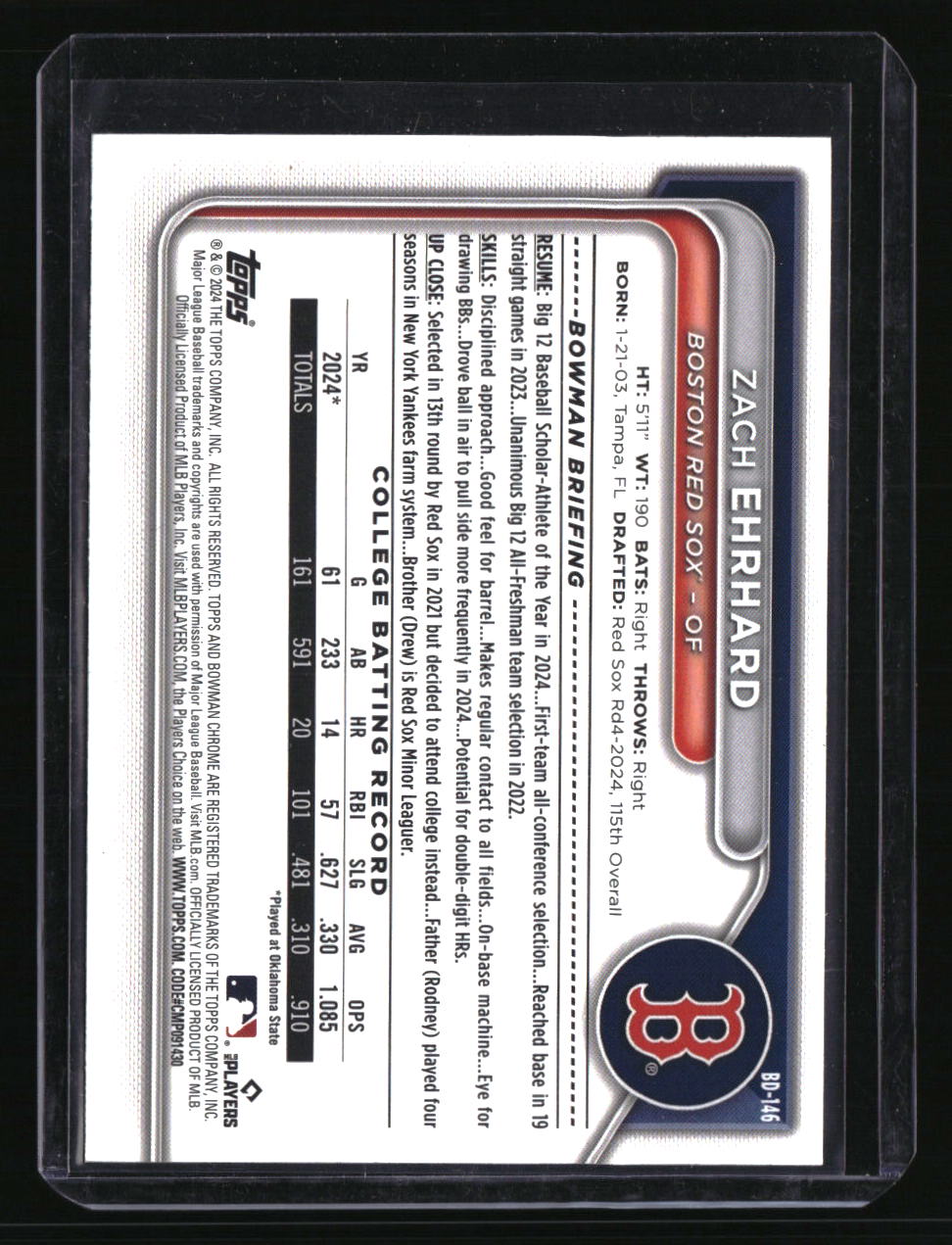 2024 Bowman Draft Zach Ehrhard Blue Border #/150