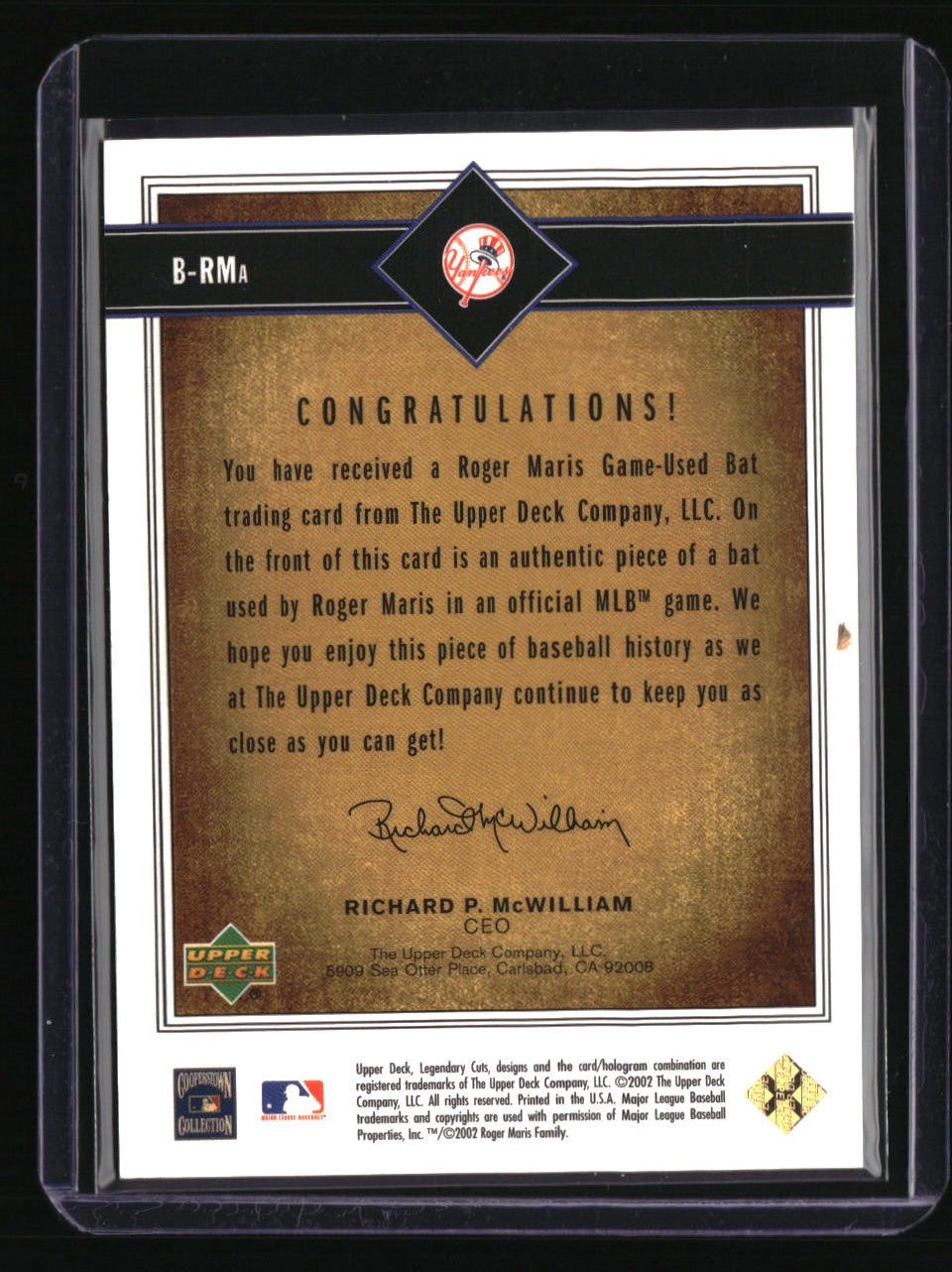 2002 SP Legendary Cuts Roger Maris Game Bat