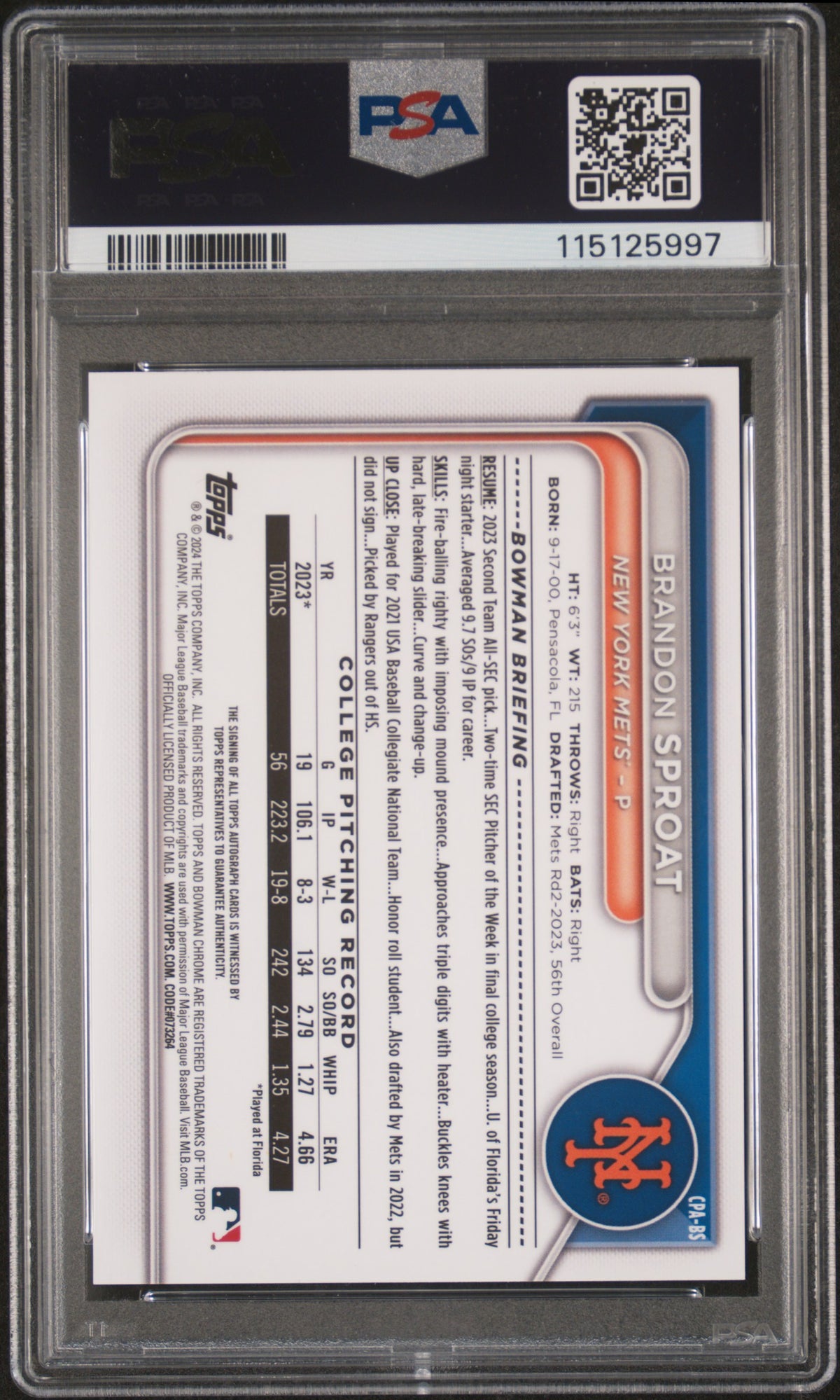 2024 Bowman Chrome Prospect Autographs Brandon Sproat Speckle Ref PSA 10