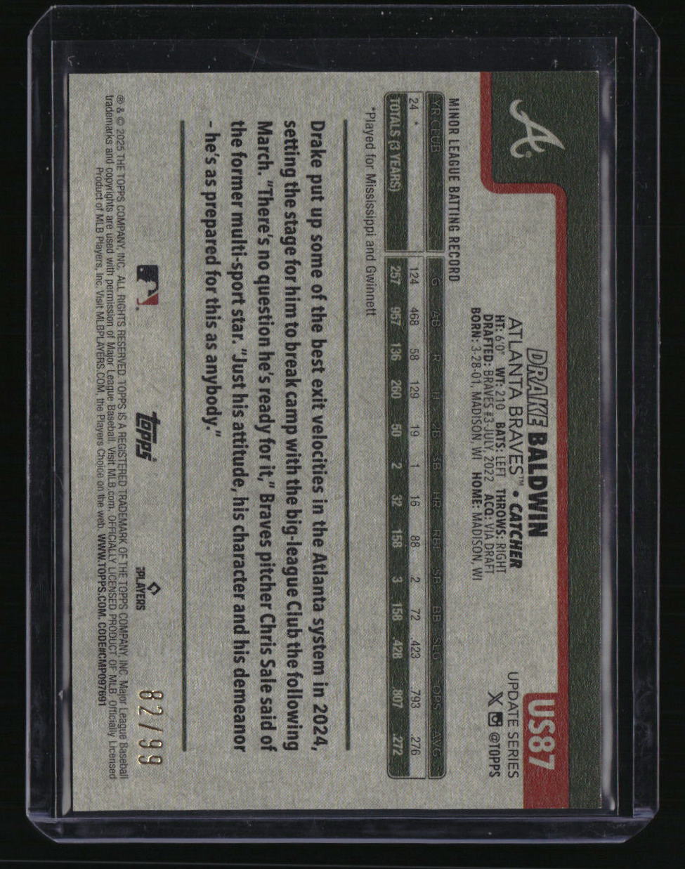 2025 Topps Update Drake Baldwin Vintage Stock #/99