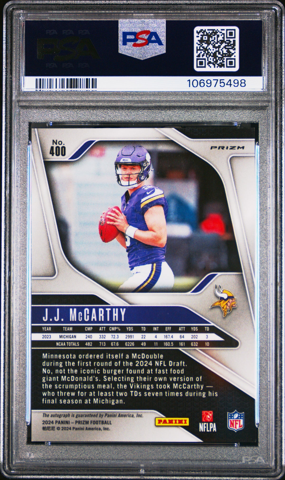 2024 Panini Prizm Jj Mccarthy Autograph PSA 9