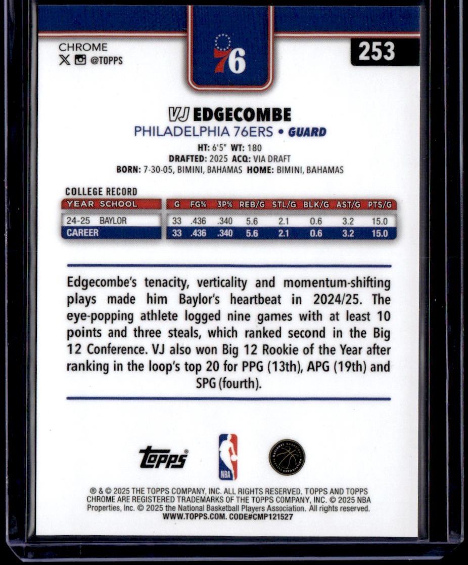 2025-26 Topps Chrome VJ Edgecombe Blue X-Fractor