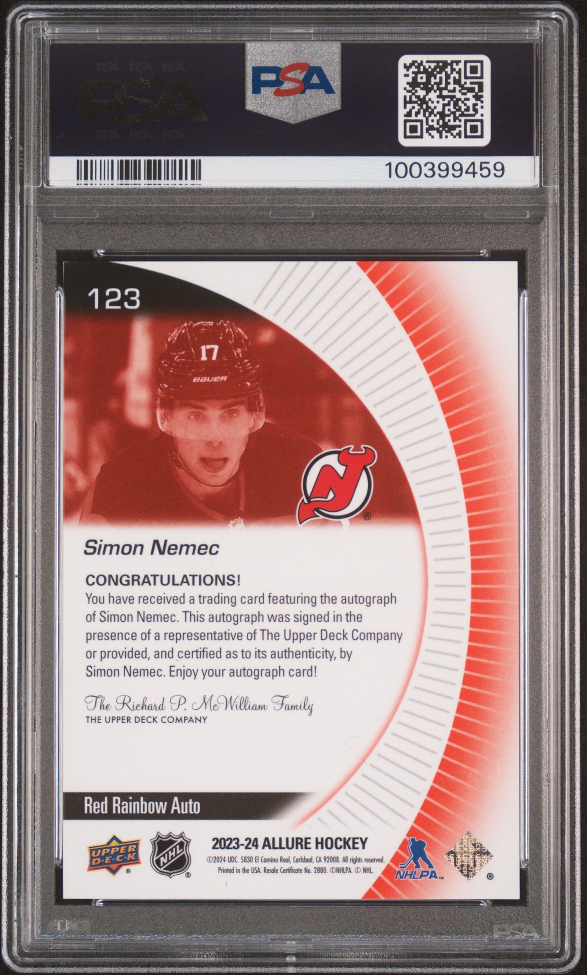 2023 Upper Deck Allure Simon Nemec Autograph-Red Rainbow PSA 9