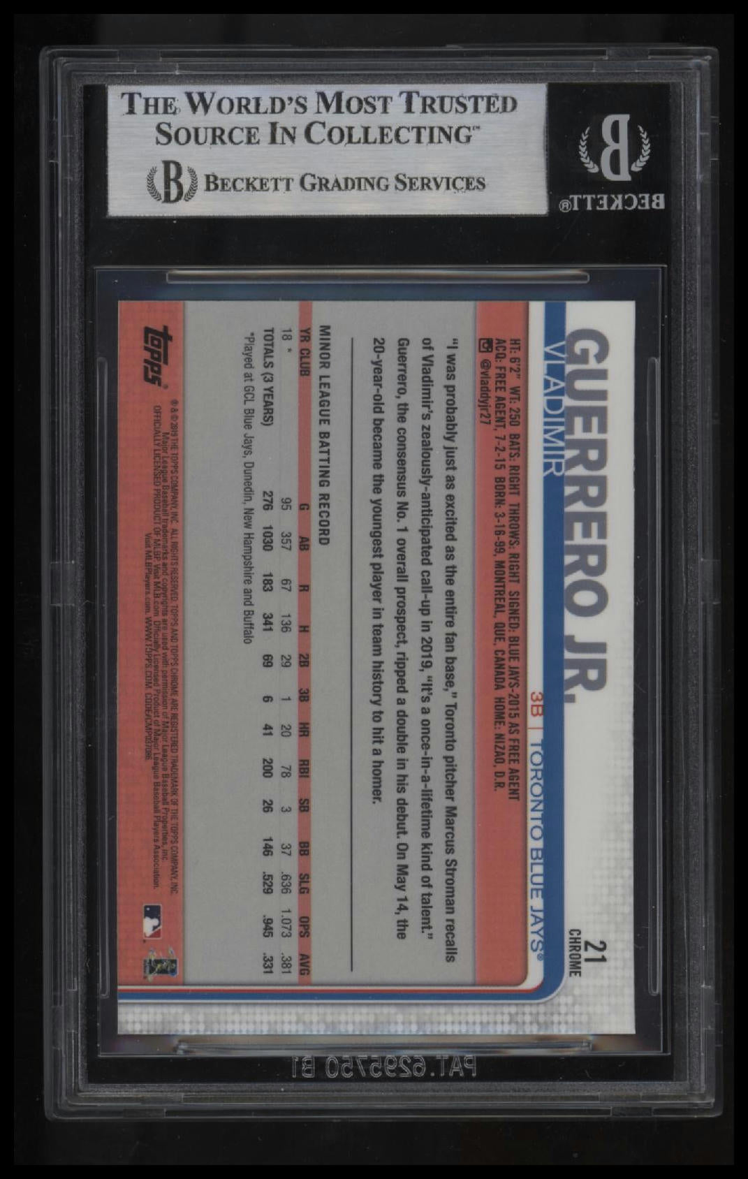 2019 Topps Chrome Update Vladimir Guerrero Jr. RC BGS 9.0