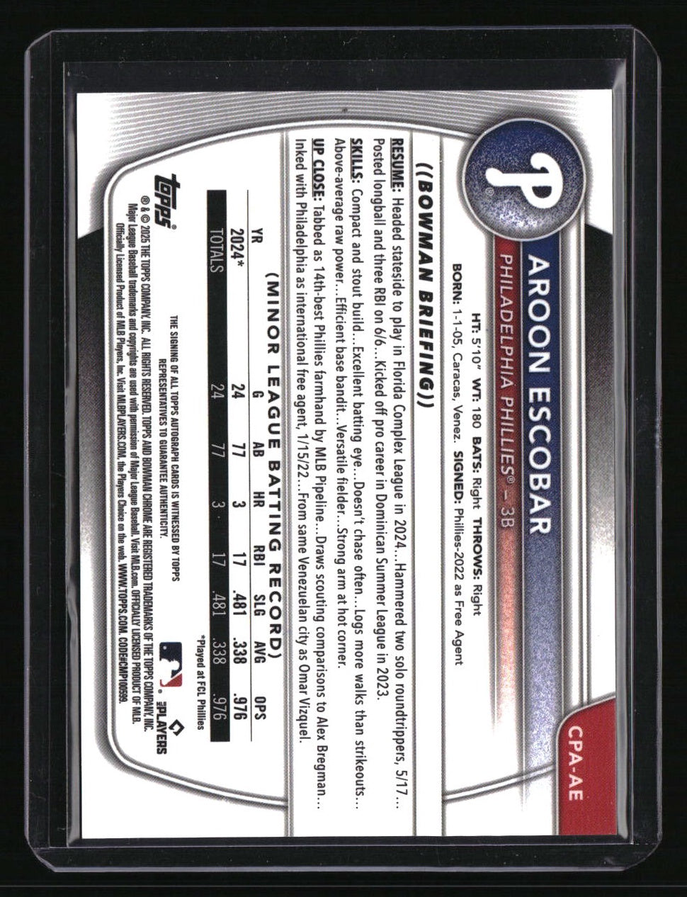2025 Bowman Aroon Escobar Chrome Prospects Autographs