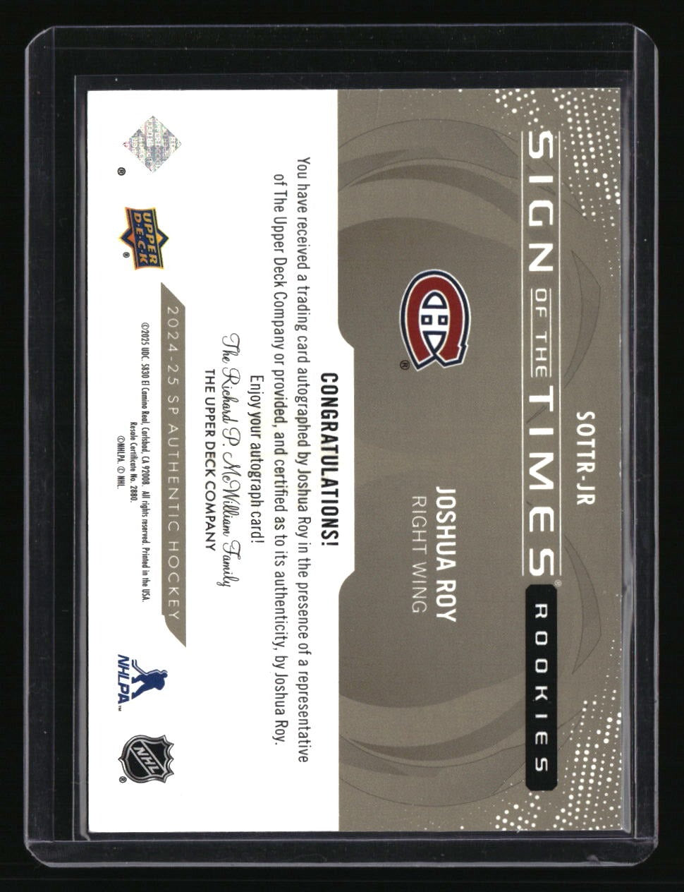 2025-26 SP Authentic Joshua Roy 2025 Update Sign of the Times Rookies Black #/25