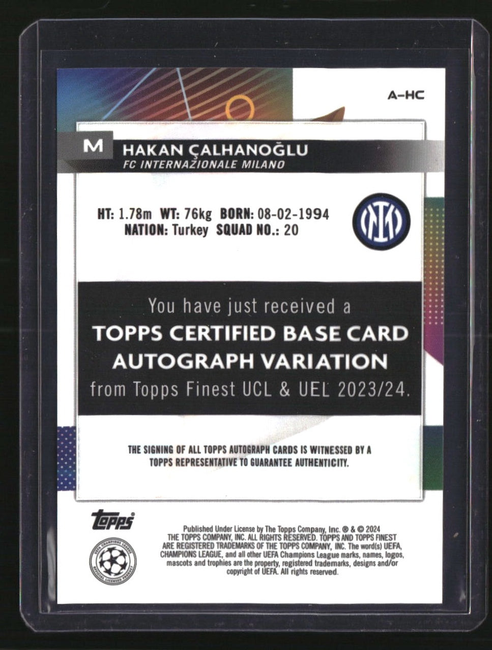 2023-24 Finest UEFA Club Comp. Hakan Çalhanoğlu Auto Neon Green Refractor #/99