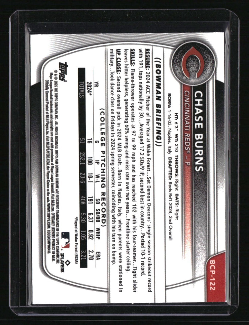 2025 Bowman Chase Burns Chrome Prospects Purple Geometric Refractor #/250