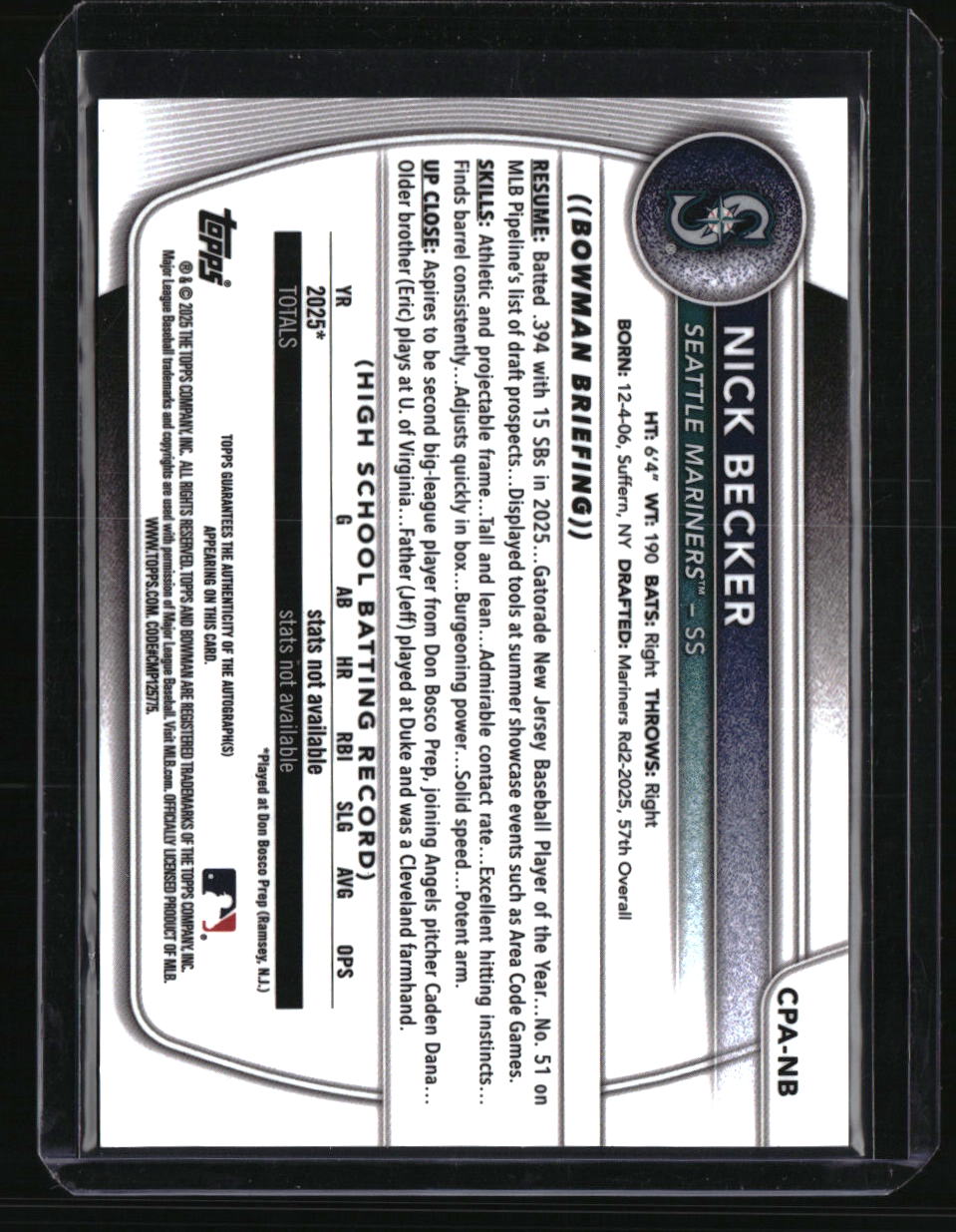2025 Bowman Draft Nick Becker Chrome Prospect Autographs