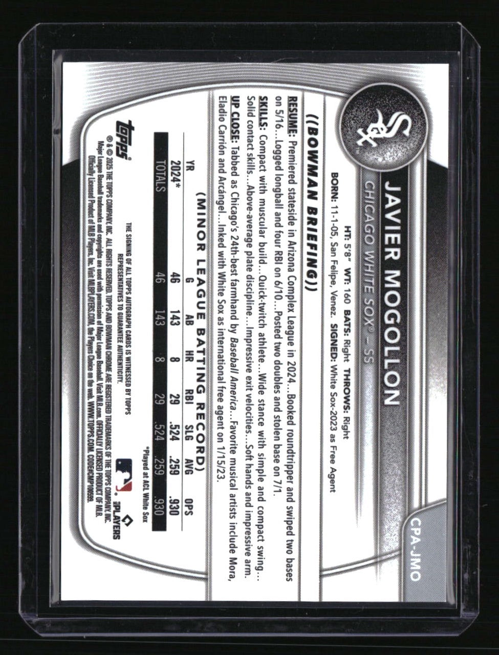 2025 Bowman Javier Mogollon Chrome Prospects Auto HTA Choice Refractor #/150