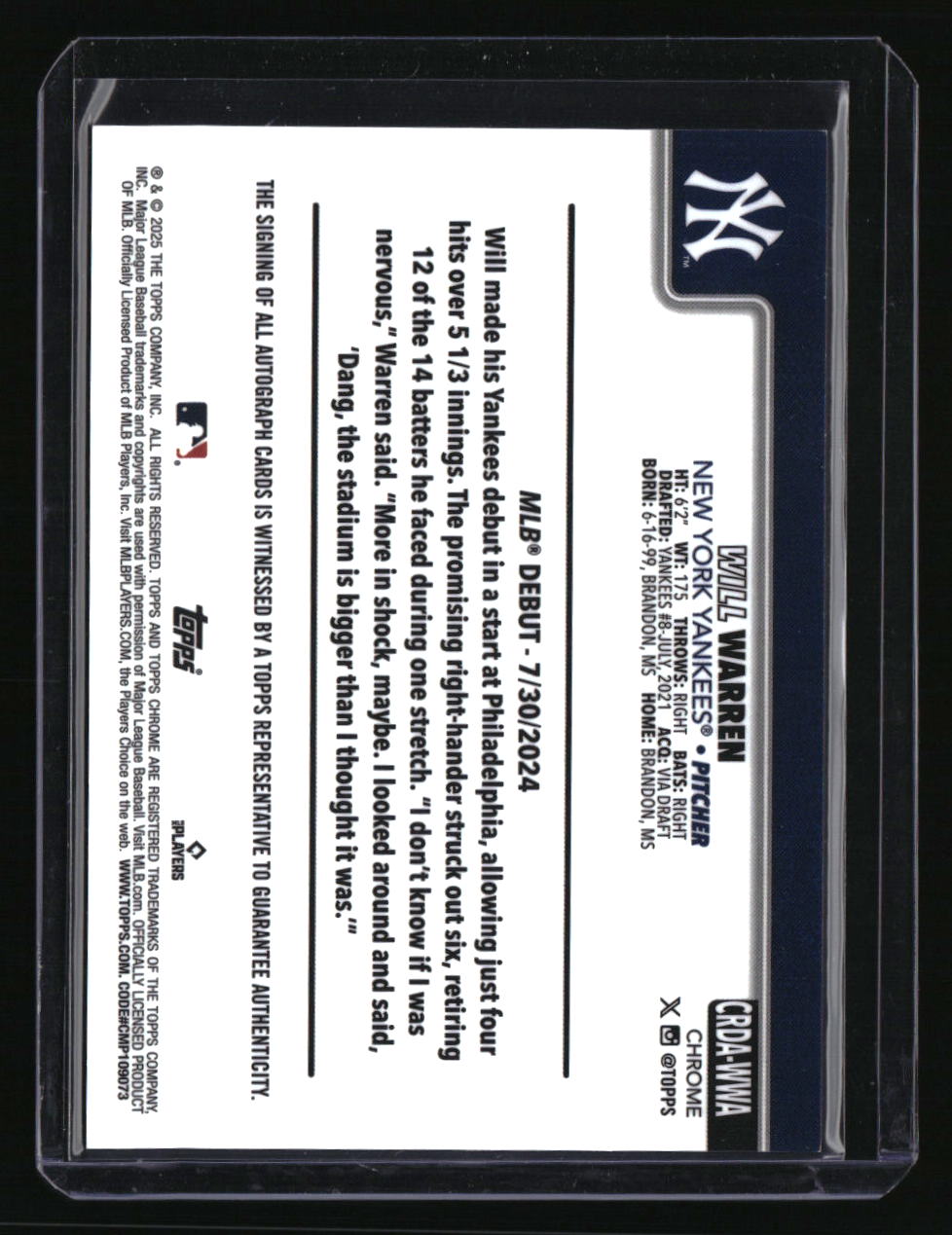 2025 Topps Chrome Update Will Warren Rookie Debut Auto Aqua Wave #/199