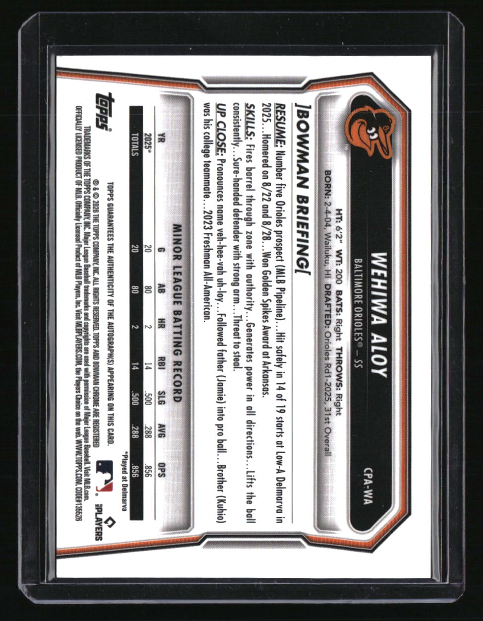2026 Bowman Wehiwa Aloy Chrome Prospect Autographs