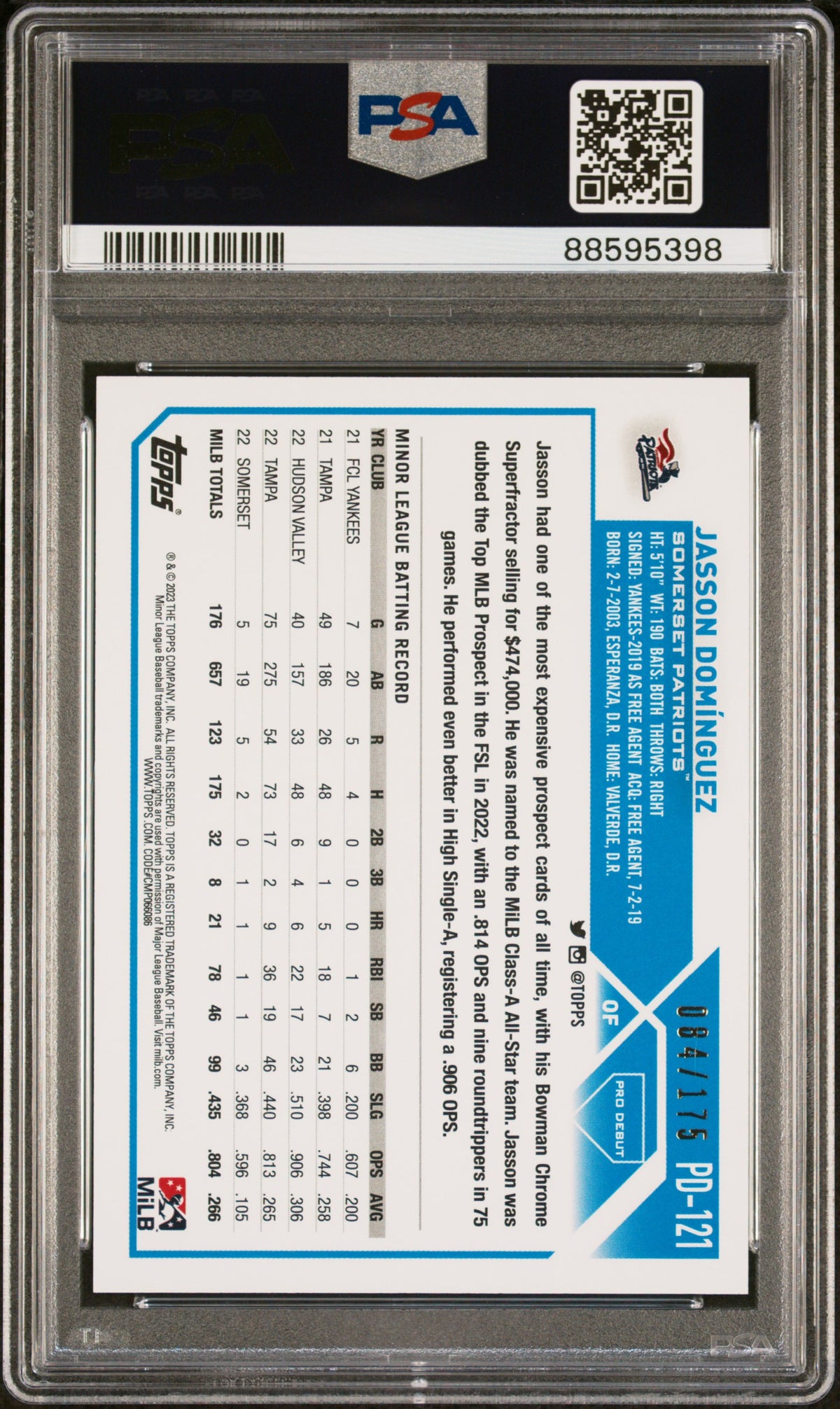 2023 Topps Pro Debut Jasson Dominguez Sparkle Foil PSA 10