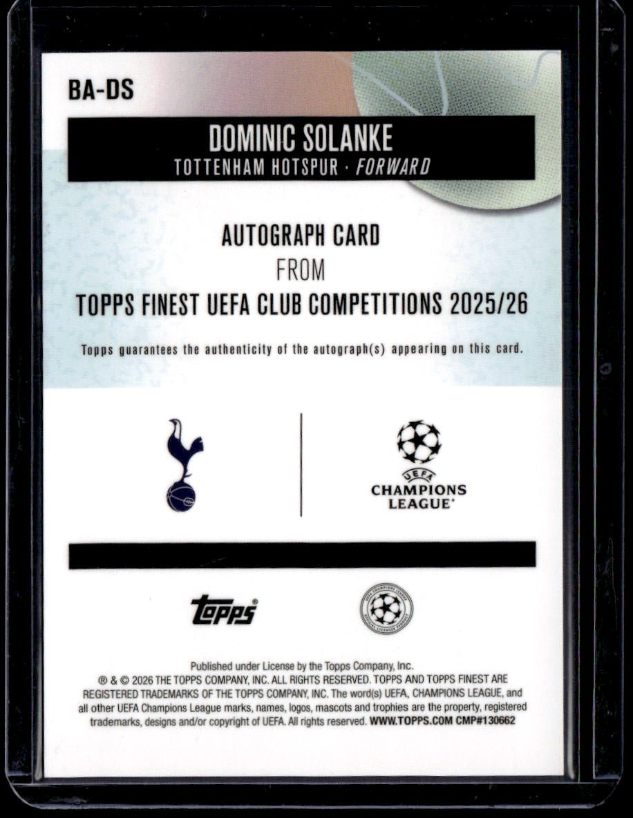 2025-26 Finest UEFA Dominic Solanke Base Autographs Gold Wave Refractor #/50