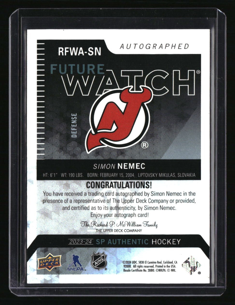 2025-26 SP Authentic Simon Nemec 2013-14 Retro Future Watch Autographed #/699