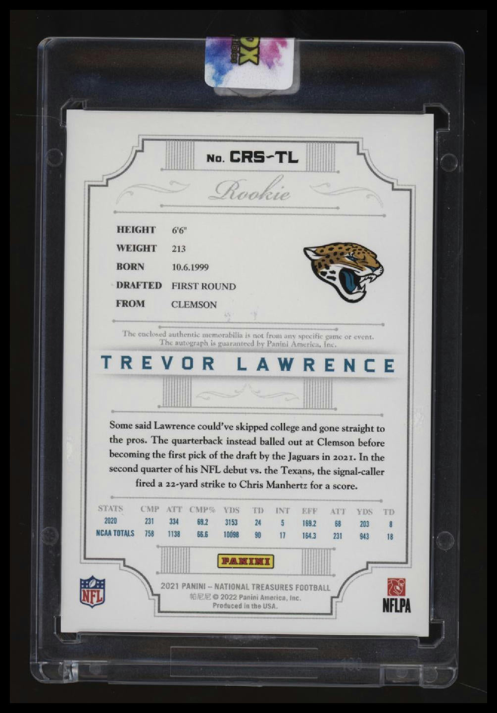 2021 Panini National Treasures Trevor Lawrence Crossover Rookie Patch Auto #/99