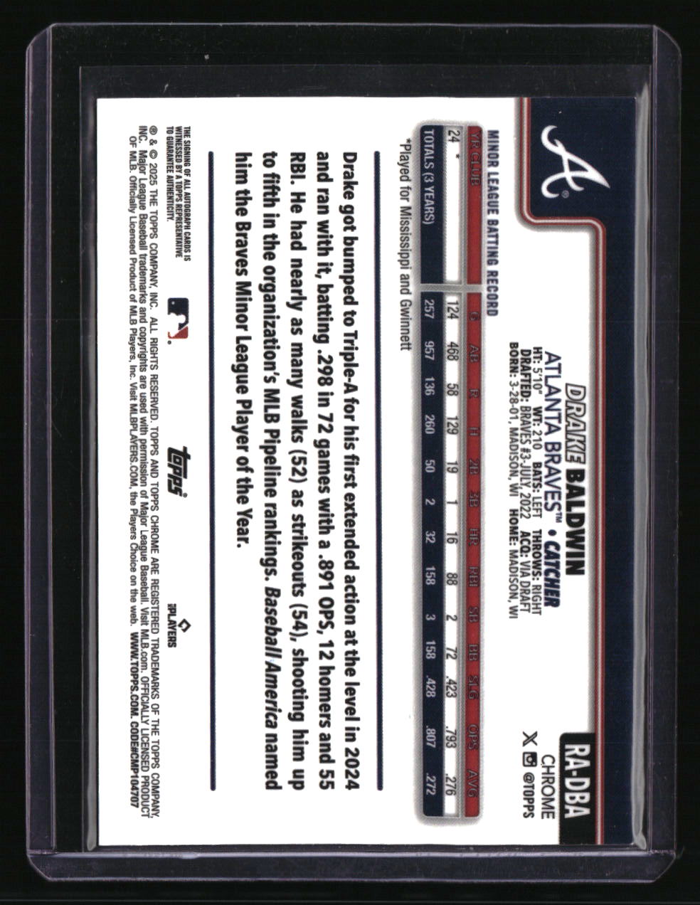 2025 Topps Chrome Drake Baldwin Rookie Autographs Purple Refractors #/250