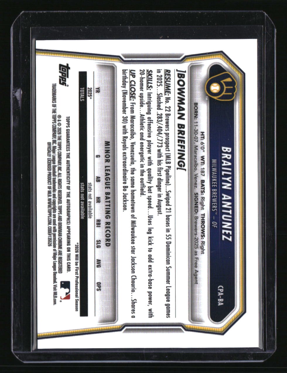 2026 Bowman Brailyn Antunez Chrome Prospect Autographs Blue Refractors #/150