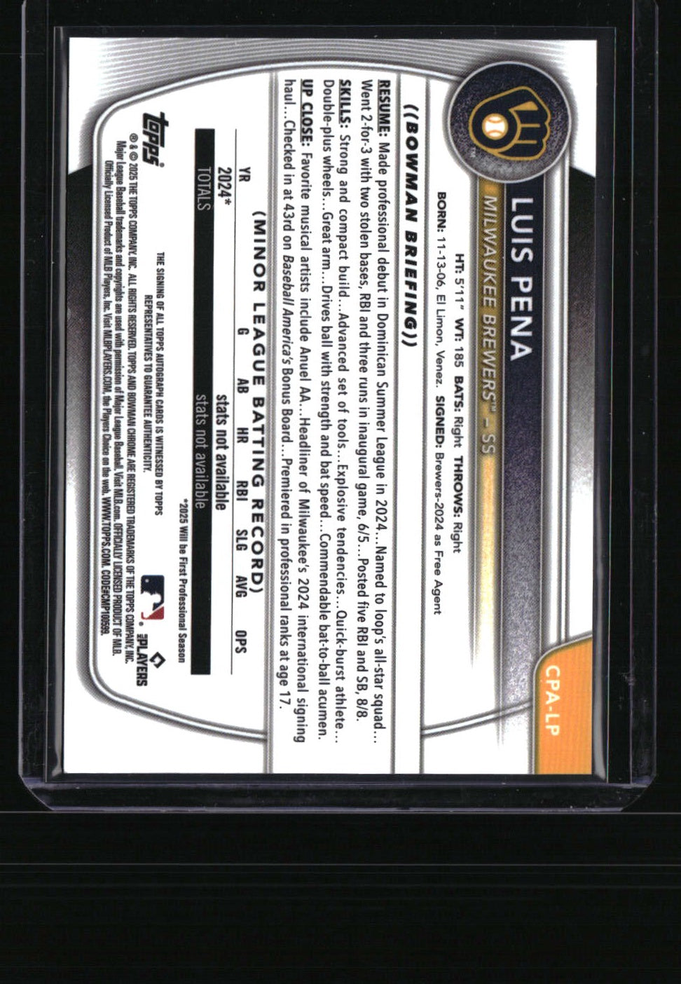 2025 Bowman Luis Pena Chrome Prospects Autographs