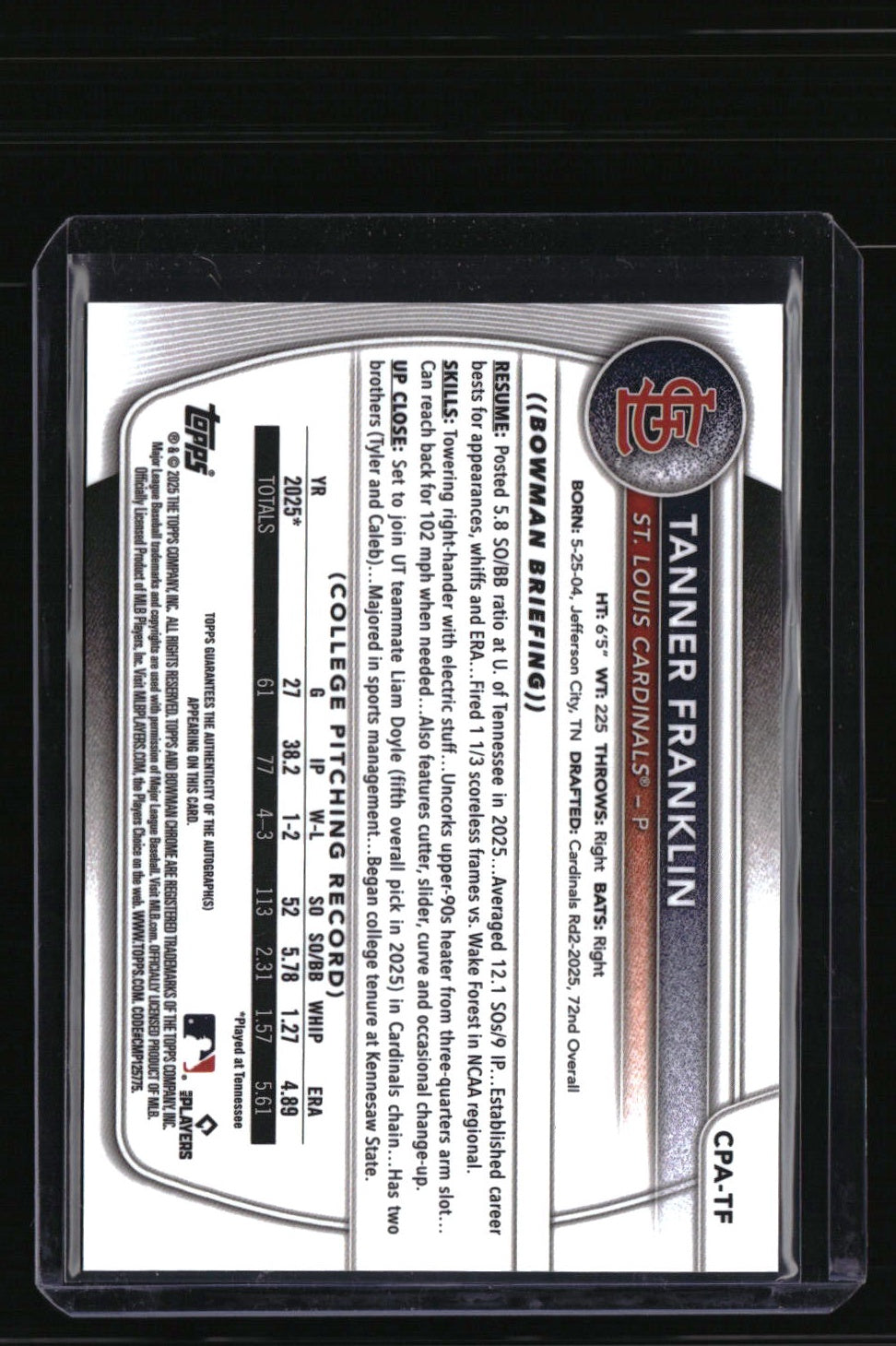 2025 Bowman Draft Tanner Franklin Chrome Prospect Autographs