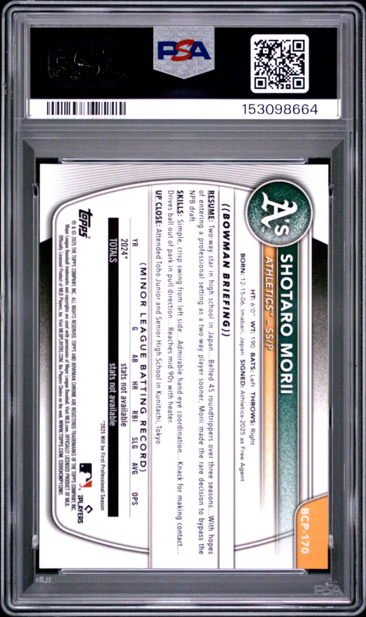 2025 Bowman Chrome Sapphire Edition Prospects Shotaro Morii Prospects-Gold PSA 9