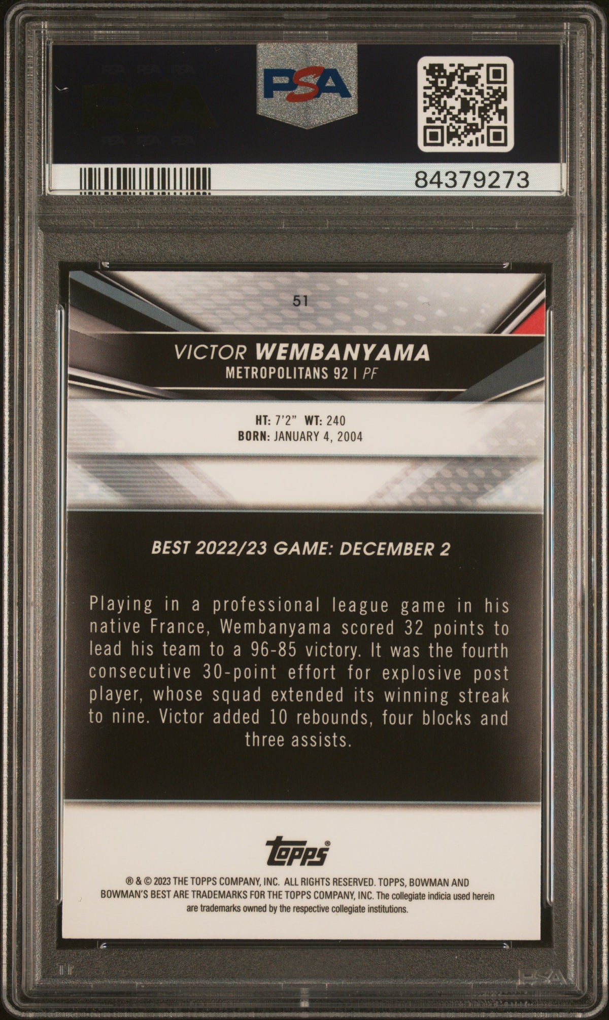 2022 Bowman University Best #51 Victor Wembanyama PSA 9