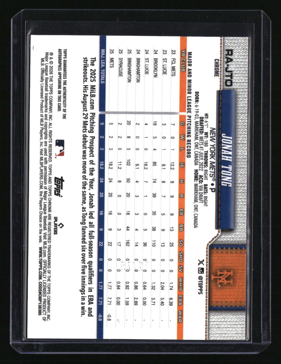 2026 Topps Chrome Jonah Tong Rookie Autographs Purple Geometric Refractor #/75